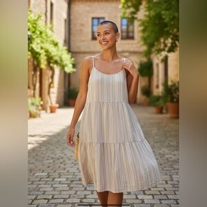 Liz Alig Striped Linen Midi Dress M Tan